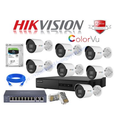 Trọn Gói 7 Camera IP ColorVu Hikvision 2MP CCTV-HIK71027G0-LUF Tích Hợp Micro Có Màu Ban Đêm