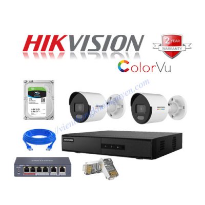 Trọn Gói 2 Camera IP ColorVu Hikvision 2MP CCTV-HIK21027G0-LUF Tích Hợp Micro Có Màu Ban Đêm